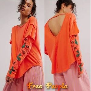 NEW FREE PEOPLE NOT YOUR POPPYS LONG SLEEVE EMBROIDERED TOP TEE